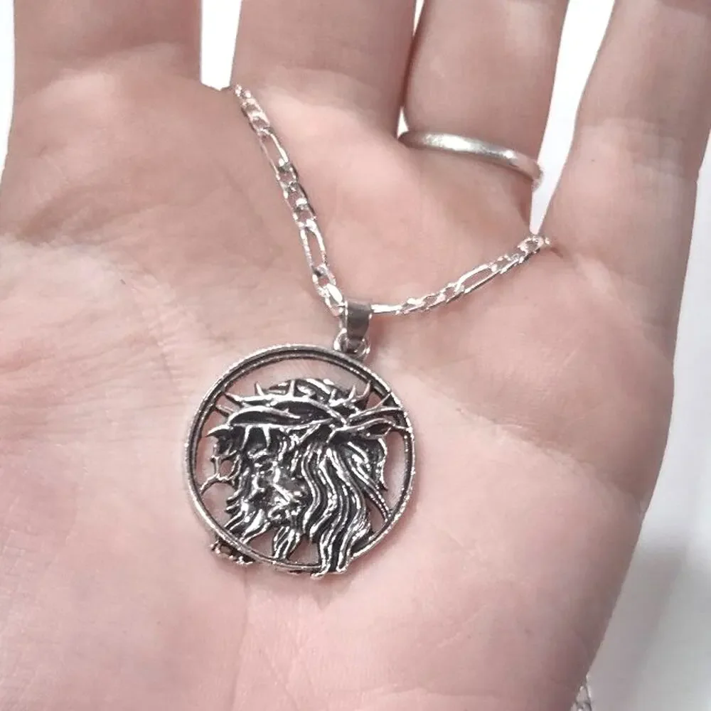 925 Silver Necklace Figaro Jesus Crown of Thorns Christian Catholic Pendant Gift